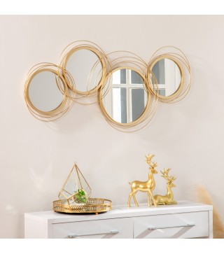 Decoración de Pared de Metal 3D de Espejos Redondos Adorno Metálico para Salón Dormitorio Comedor 107x56cm Dorado