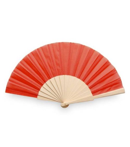 ABANICO DE TELA Y MADERA EN CAJA ROJO