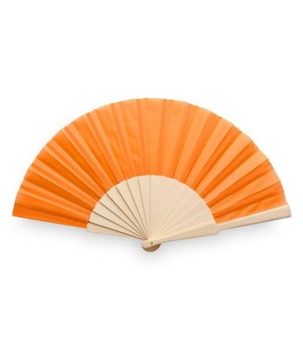 ABANICO DE TELA Y MADERA EN CAJA NARANJA