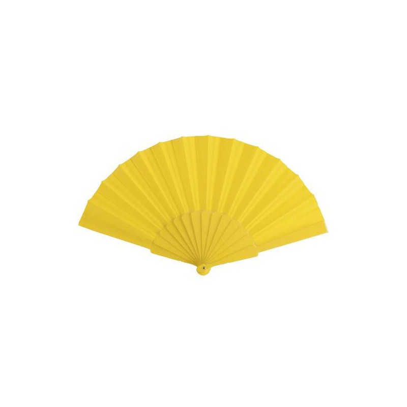 ABANICO DE TELA Y PVC PRESENTADO EN CAJA AMARILLO