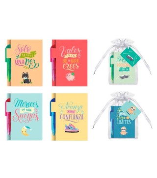 MINI LIBRETA CON BOLÍGRAFO FRASES EN BOLSITA