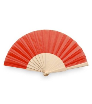 ABANICO DE TELA Y MADERA EN CAJA ROJO