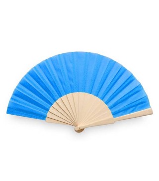 ABANICO DE TELA Y MADERA EN CAJA AZUL