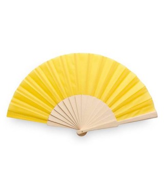 ABANICO DE TELA Y MADERA EN CAJA AMARILLO