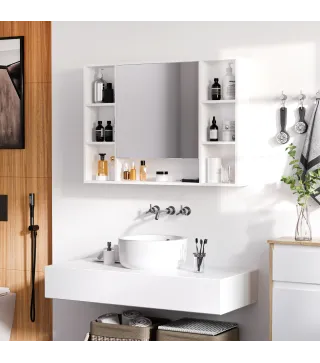 Armario de Baño de Pared con Espejo Puerta Estantes Abiertos 100x15x70 cm Blanco