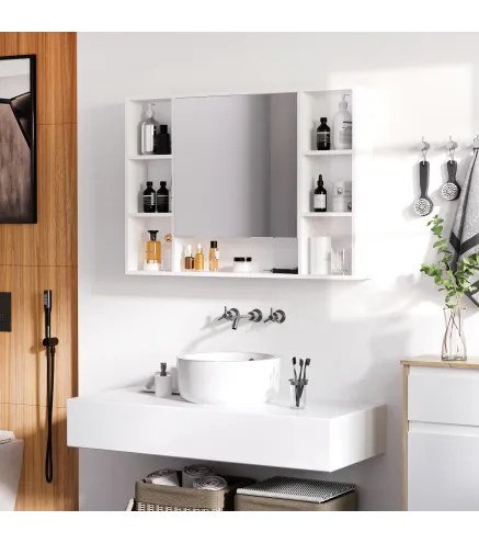 Armario de Baño de Pared con Espejo Puerta Estantes Abiertos 100x15x70 cm Blanco