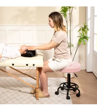 Taburete Giratorio Redondo Taburete con Ruedas Altura Regulable 50-66 cm Asiento Tapizado en Tejido de Borreguito Rosa