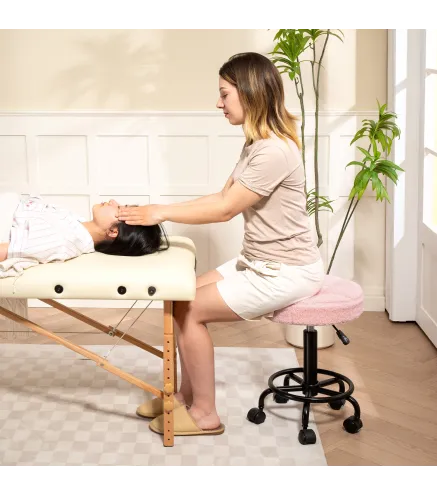 Taburete Giratorio Redondo Taburete con Ruedas Altura Regulable 50-66 cm Asiento Tapizado en Tejido de Borreguito Rosa