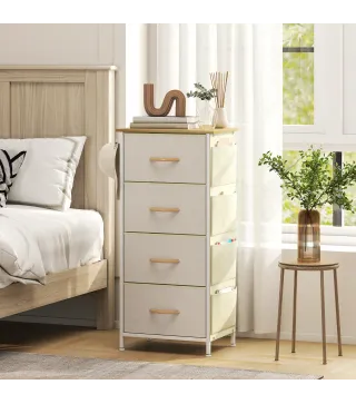 Cajonera de Tela Cómoda con 4 Cajones 4 Bolsillos Laterales 2 Ganchos y Estructura de Acero Beige