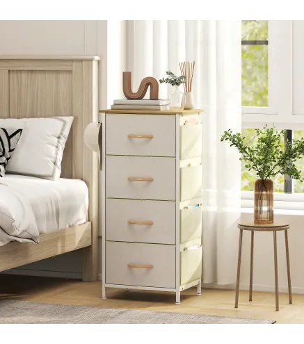 Cajonera de Tela Cómoda con 4 Cajones 4 Bolsillos Laterales 2 Ganchos y Estructura de Acero Beige