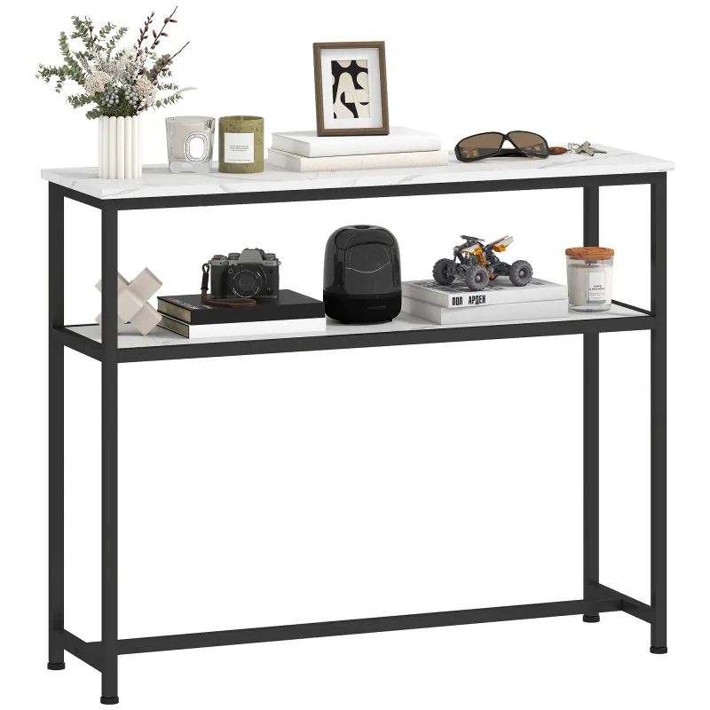 Consola Recibidor Estrecha con Superficie con Efecto Mármol Estante Abierto y Marco de Metal 100x30x81 cm Blanco