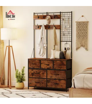 Perchero Zapatero con Zapatero Ganchos Cajones y Eatante para Entrada Pasillo Salón 100x30x183 cm Marrón Rústico