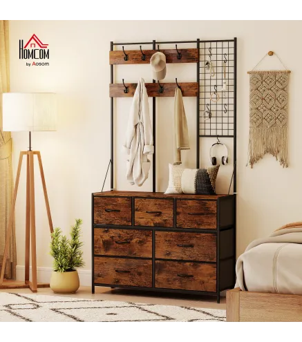 Perchero Zapatero con Zapatero Ganchos Cajones y Eatante para Entrada Pasillo Salón 100x30x183 cm Marrón Rústico