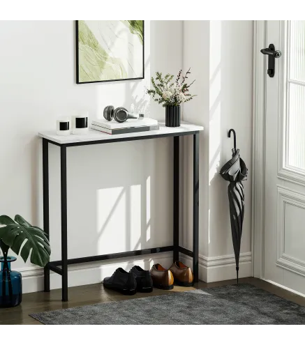 Consola Recibidor Estrecha con Superficie con Efecto Mármol y Marco de Metal 75x24x76 cm Blanco y Negro