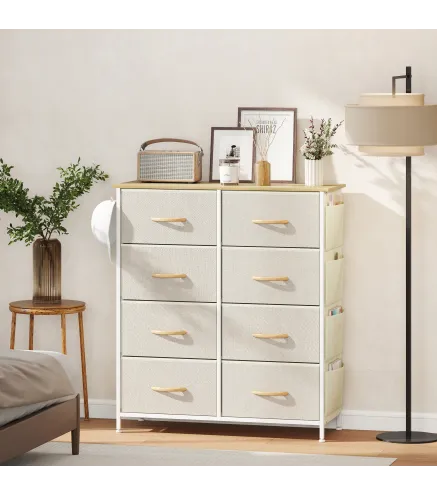 Cajonera de Tela Cómoda con 8 Cajones 4 Bolsillos Laterales 2 Ganchos y Estructura de Acero Beige