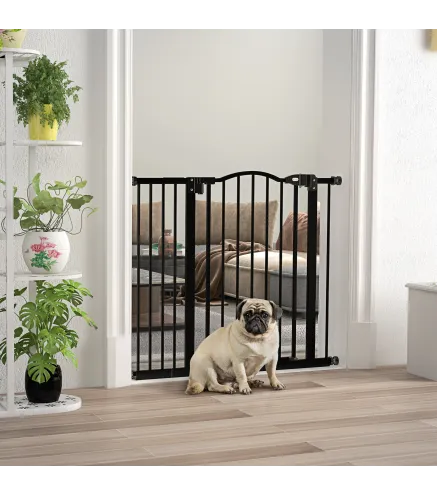 Barrera de Seguridad para Perros 74-94 cm con Extensión Montaje a Presión Doble Bloqueo para Puerta Escalera Negro
