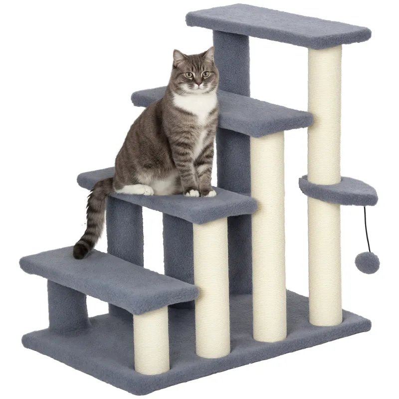 Escalera para Gatos de 4 Niveles Cubierto de Suave Felpa Poste de Sisal Bola Colgante 60x40x64 cm Gris