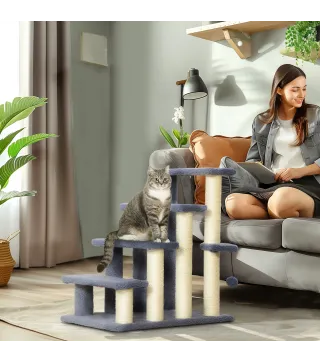 Escalera para Gatos de 4 Niveles Cubierto de Suave Felpa Poste de Sisal Bola Colgante 60x40x64 cm Gris