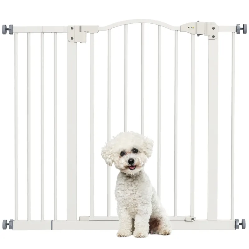Barrera de Seguridad para Perros 74-94 cm con Extensión Montaje a Presión Doble Bloqueo para Puerta Escalera Blanco