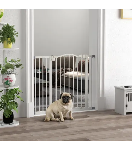 Barrera de Seguridad para Perros 74-94 cm con Extensión Montaje a Presión Doble Bloqueo para Puerta Escalera Blanco
