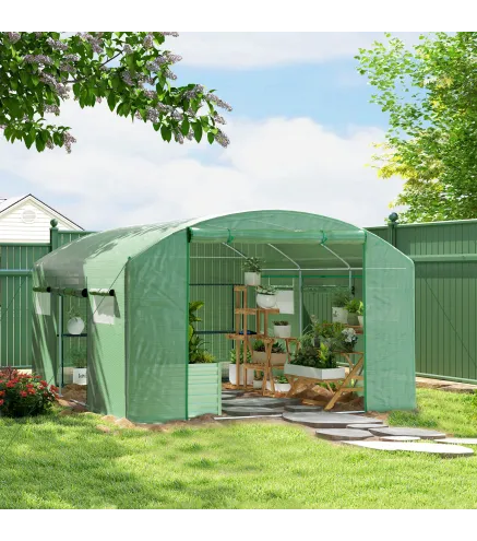 Invernadero de Túnel 4x3x2 m con 6 Ventanas 3 Puertas Enrollables Cubierta de PE y Estructura de Acero Galvanizado Verde