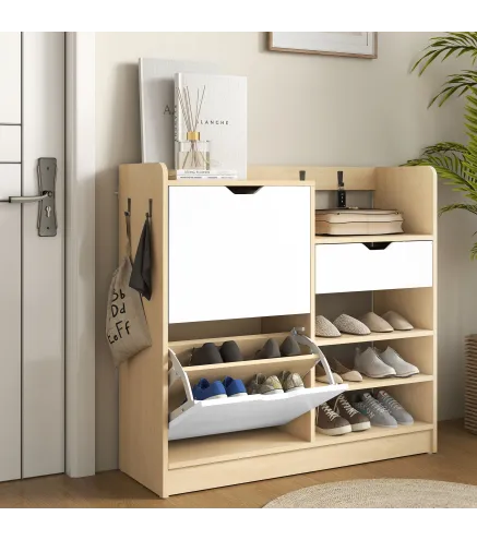 Zapatero Entrada Recibidor con Cajón Estantes Abiertos 4 Ganchos para 14 Pares de Zapatos Natural y Blanco