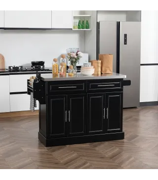 Isla de Cocina con Ruedas Tablero de Acero Inoxidable Cajones Estantes Ajustables Especiero Toallero 145x45x93 cm Negro