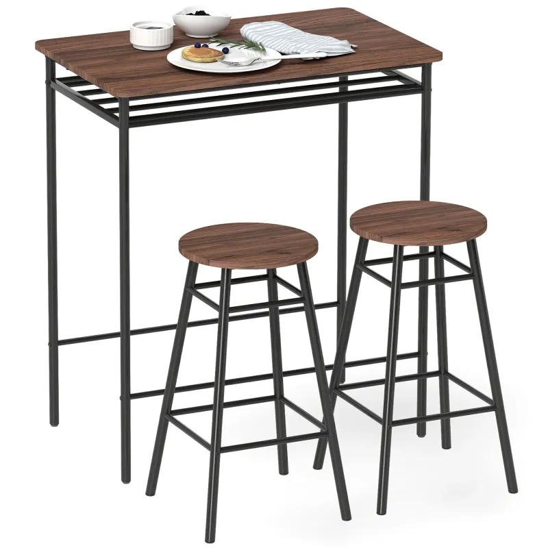 Mesa Alta de Cocina con 2 Taburetes Industrial Estante Abierto Reposapiés Ahorro de Espacio para Espacios Reducidos Mesa Alta de Cocina con 2 Taburetes Industrial Estante Abierto Reposapiés Ahorro de Espacio para Espacios Reducidos