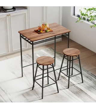 Mesa Alta de Cocina con 2 Taburetes Industrial Estante Abierto Reposapiés Ahorro de Espacio para Espacios Reducidos