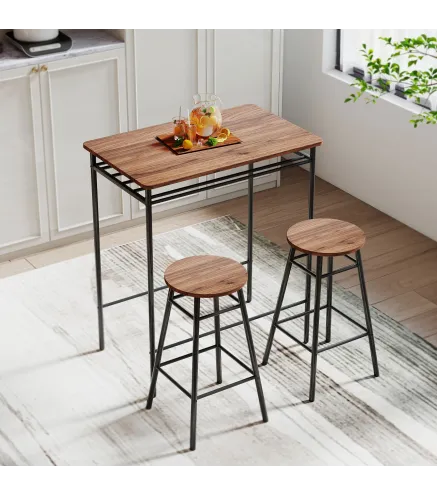 Mesa Alta de Cocina con 2 Taburetes Industrial Estante Abierto Reposapiés Ahorro de Espacio para Espacios Reducidos