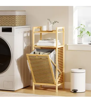 Armario de Baño Estrecho de Bambú con 2 Estantes Abiertos Cesto Extraíble y Diseño con Listones 40x30x95 cm Natural