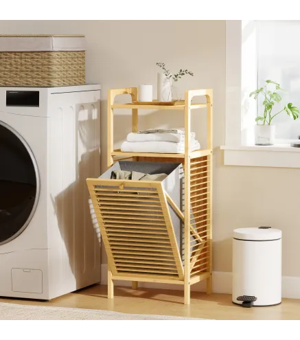 Armario de Baño Estrecho de Bambú con 2 Estantes Abiertos Cesto Extraíble y Diseño con Listones 40x30x95 cm Natural