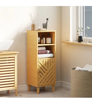 Armario de Baño Estrecho Mueble Auxiliar de Baño con 2 Estantes Abiertos Puerta y Patas de Bambú 32x30x90 cm Natural