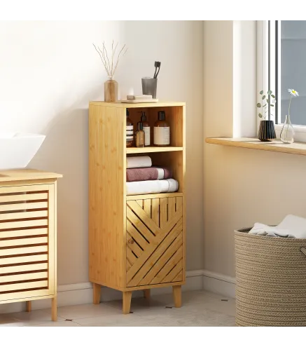 Armario de Baño Estrecho Mueble Auxiliar de Baño con 2 Estantes Abiertos Puerta y Patas de Bambú 32x30x90 cm Natural