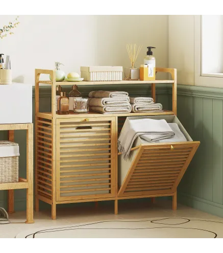 Mueble Ropa Sucia de Bambú 2 Bolsas de Ropa Extraíbles y Lavables con Asa 2 Estantes Abiertos 82x33x88 cm Natural