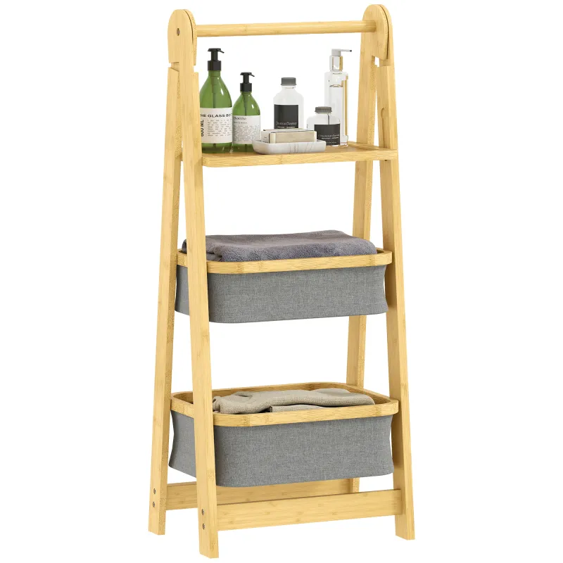 Estantería para Baño Plegable de Bambú con 2 Cestos para Ropa Sucia Estante Abierto Gris