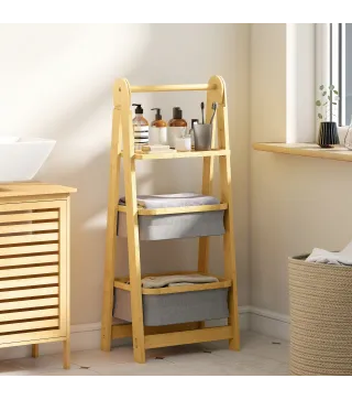 Estantería para Baño Plegable de Bambú con 2 Cestos para Ropa Sucia Estante Abierto Gris