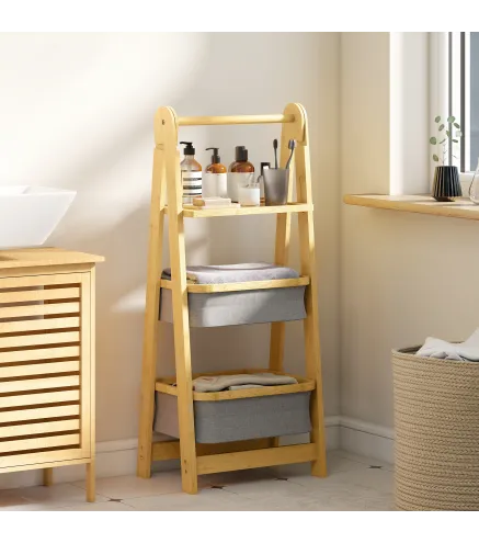 Estantería para Baño Plegable de Bambú con 2 Cestos para Ropa Sucia Estante Abierto Gris