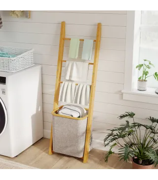 Estantería para Baño de Bambú Toallero de Pie con 3 Barras Cesto para Ropa Sucia Extraíble de 48 L Crema