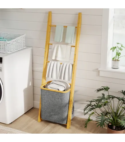 Estantería para Baño de Bambú Toallero de Pie con 3 Barras Cesto para Ropa Sucia Extraíble de 48 L Gris