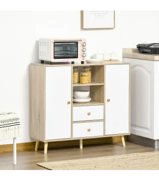 Aparador de Salón con 2 Puertas 2 Cajones y 2 Estantes Abiertos Mueble Auxiliar de Almacenaje para Cocina Recibidor 100x30x85 cm