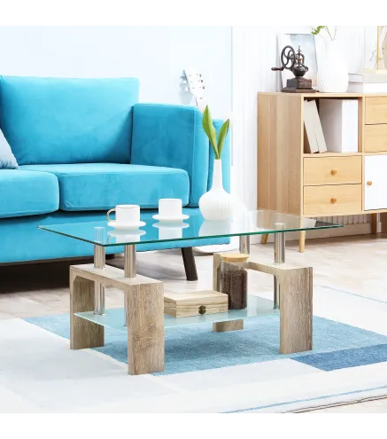 Mesa de Centro Rectangular de Vidrio con Estante Patas de Madera Estilo Moderno 90x50x42 cm Madera Natural