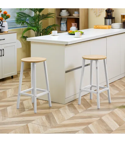 Juego de 2 Taburetes Altos de Cocina con Asiento de Melamina y Patas de Acero 32,5x32,5x65 cm Natural y Blanco
