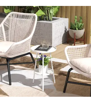 Mesa de Jardín Redonda de 2 Niveles con Bordes Elevados Bandeja Inferior para Exterior e Interior Ø32x51 cm Blanco