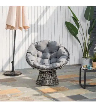 Sillón Papasan Giratorio de Ratán Sintético con Cojín Carga 160 kg para Exterior Jardín Terraza 87x97x86 cm Gris