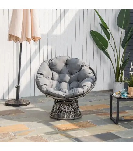 Sillón Papasan Giratorio de Ratán Sintético con Cojín Carga 160 kg para Exterior Jardín Terraza 87x97x86 cm Gris