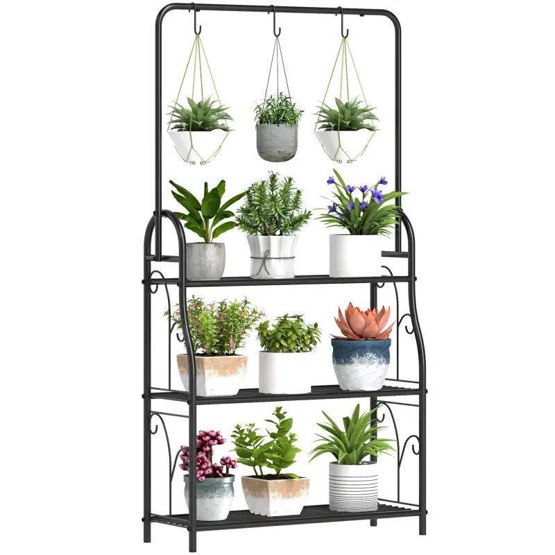 Estantería para Plantas de 3 Niveles con Ganchos de Metal Barra para Colgar para Interior y Exterior Negro