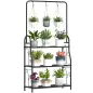 Estantería para Plantas de 3 Niveles con Ganchos de Metal Barra para Colgar para Interior y Exterior Negro