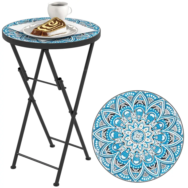 Mesa Auxiliar Redonda de Jardín Plegable con Encimera de Mosaico y Almohadillas Antideslizantes Ø35,5x55 cm Azul