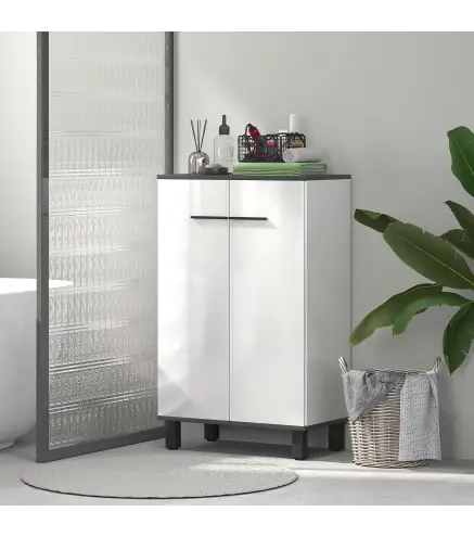 Armario de Baño Mueble Auxiliar de Baño con Puertas Estantes Ajustables y Sistema Anti-vuelco 60x34x94 cm Blanco Brillo